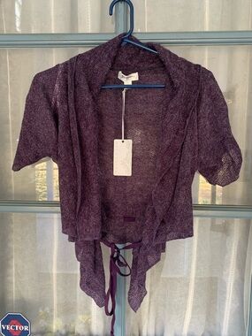 Open-Knit Short-Sleeve Sweater Shrug in Deep Plum